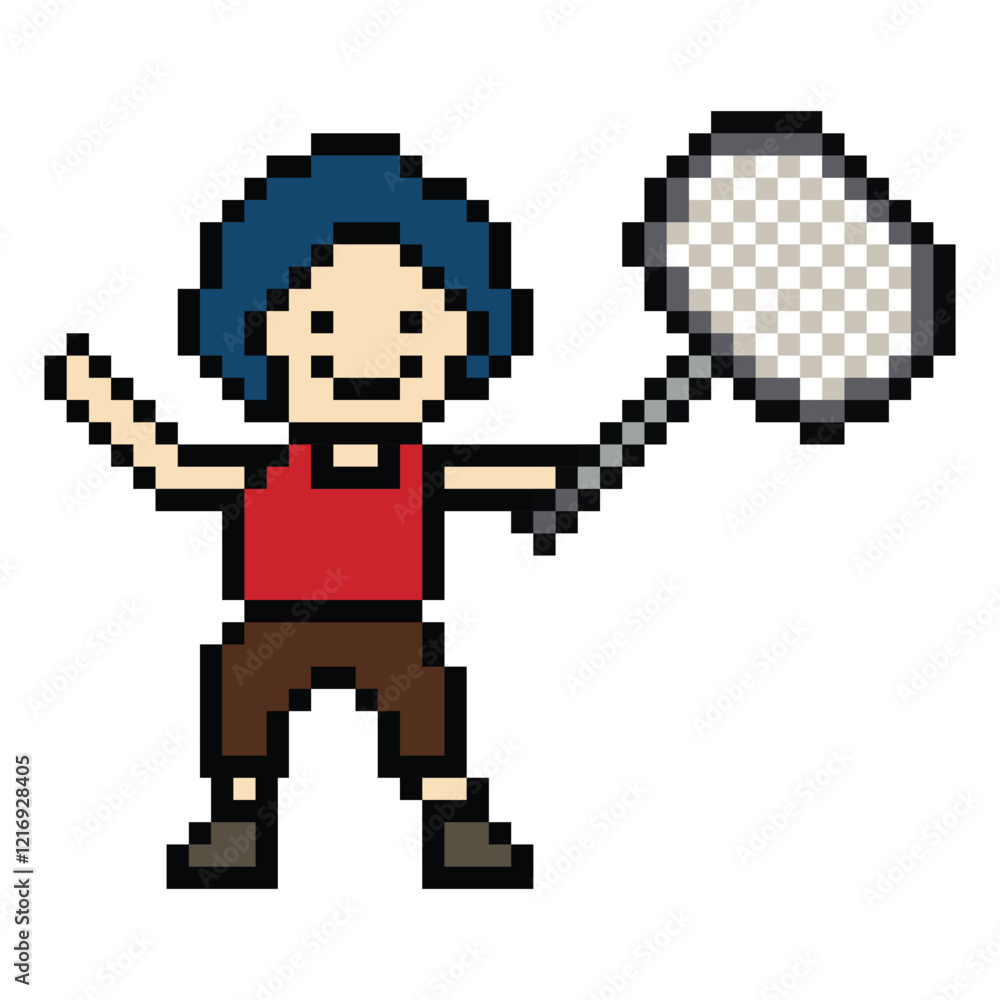 Obraz premium Cute cartoon pixel character cute man exercise training play badminton tennis lifestyle decoration life style 8 bit male boy game badminton 8bit fitness isolated PNG vector.