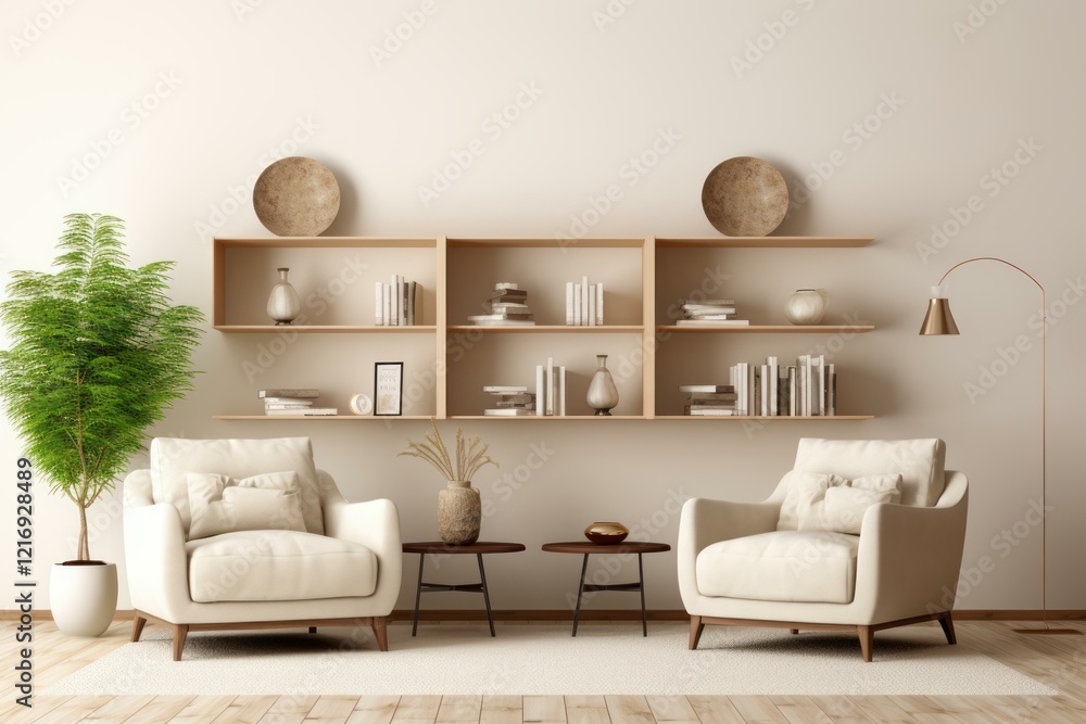 Obraz premium Interior design of a minimalist and cozy living room with two armchairs, wooden shelves, decorations, and a houseplant