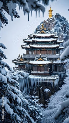 A majestic snow - laden Chinese architectural wonder on a mountain, with icicles and frosty trees. Great for calendars, travel magazines, and cultural merchandise.  photo