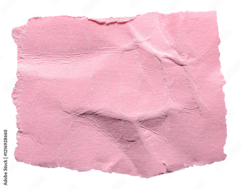 Obraz premium Pink crumpled wrinkled torn piece of blank paper note cardboard with texture and copy space, close up transparent png background isolated cut out design element