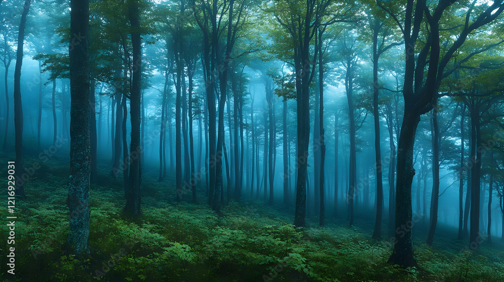 Fototapeta premium Misty Forest Hillside, Nature Scene, Wallpaper