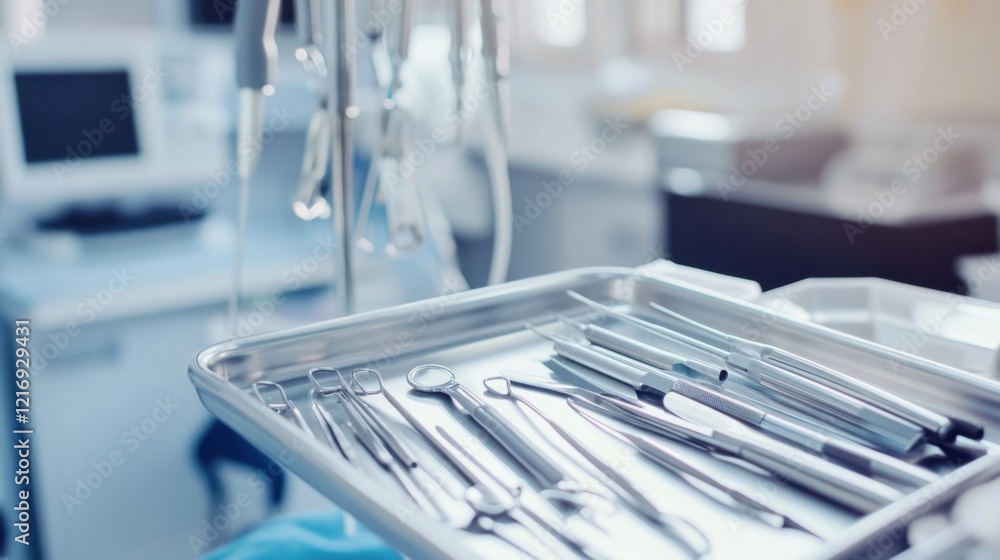 A close-up of a surgical instrument tray with neatly arranged tools and a clean, sterile operating room in the background, Precision style A close-up of a surgical instrument tray with neatly arranged tools and a clean, sterile operating room in the background, Precision style