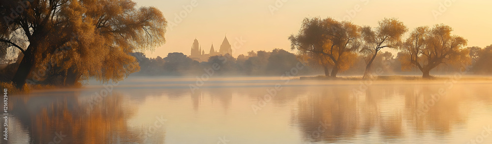 Misty Dawn Lake, Autumn Trees, Distant Buildings