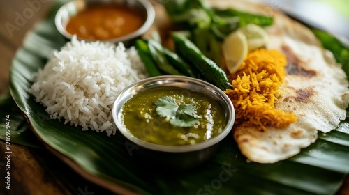 Close-up of rice and Indian dosa with chutney and sambar on a traditional Indian plate, emphasizing crispy and flavorful qualities. Ideal for Indian cuisine and breakfast dishes. photo