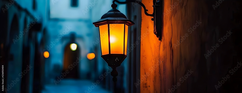 Lit lantern, alleyway, night, blurred background, travel Lit lantern, alleyway, night, blurred background, travel