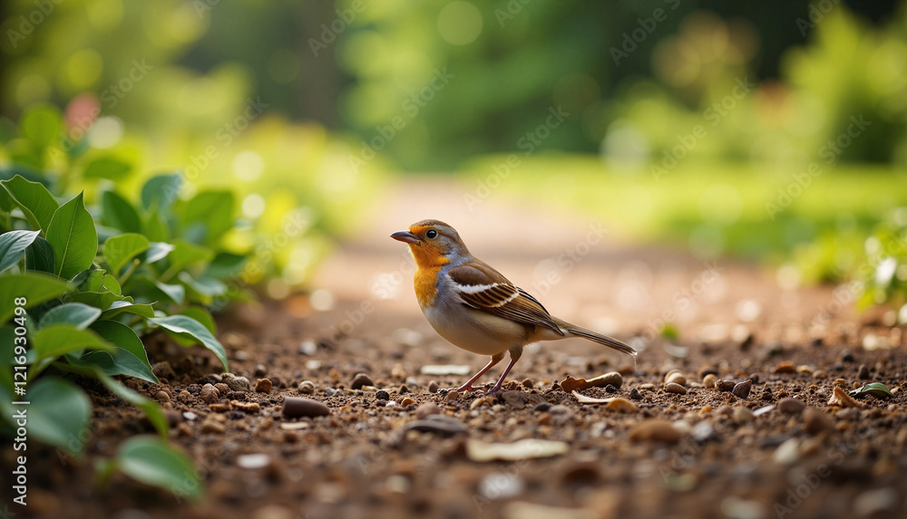 A small bird on a mulch pathway in a lush garden, surrounded by greenery and natural light
