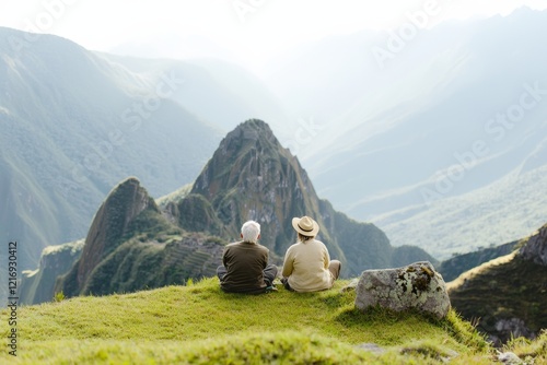 An elderly couple sitting on a hilltop in Machu Picchu, Peru, gazing at the majestic mountain landscape and Inca ruins below. photo