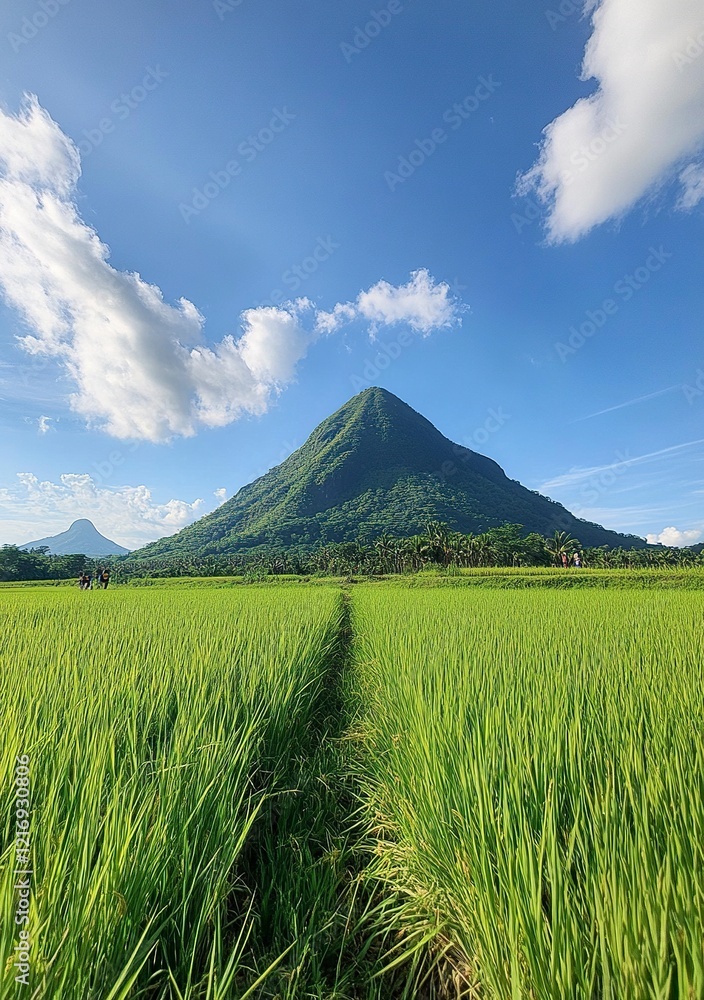Fototapeta premium beautiful view of grassy mountain with blue sky in the background, there is an abandoned trail on top of it and some people walking around.