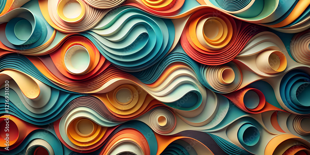 Abstract patterns with layered waves and circles in vibrant colors create an eye-catching wallpaper design for modern decor Abstract patterns with layered waves and circles in vibrant colors create an eye-catching wallpaper design for modern decor