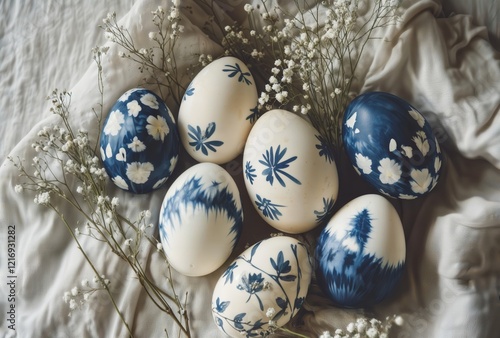 Blue and white Easter eggs. Aesthetic Easter eggs with blue floral and tie-dye patterns, surrounded by baby's breath flowers on a beige fabric. photo