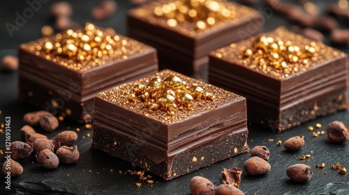 Gourmet chocolate squares, gold, cocoa, dark background, dessert photo