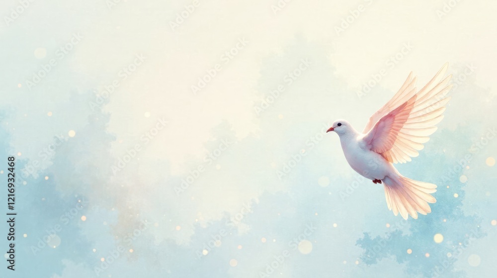 Obraz premium A Serene White Dove Soaring Through a Dreamlike, Pastel Sky, Wings Spread Wide in Peaceful Flight