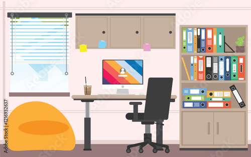 Workplace room with no people, Work from home with computer, Remote Work, Modern workspace room with cabinet.