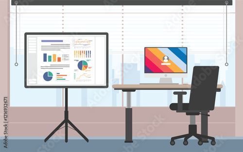 Business working roon with a projector showing business data, Digital LCD projector screen interactive white board on working place with computer.