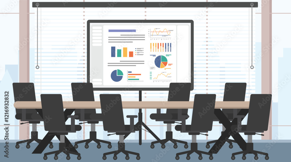Business meeting room with a projector, Room with presentation showing business data on projector screen. Business meeting room with a projector, Room with presentation showing business data on projector screen.