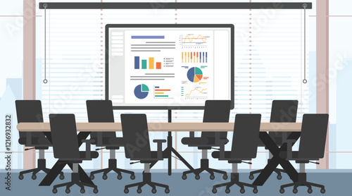 Business meeting room with a projector, Room with presentation showing business data on projector screen.
