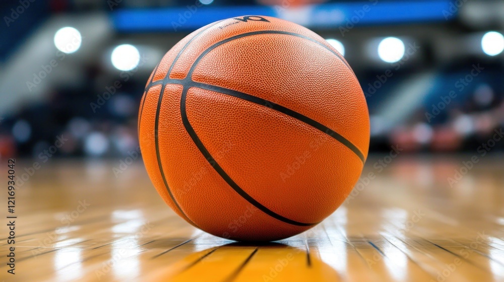 A close-up of a basketball resting on a wooden court surface. A close-up of a basketball resting on a wooden court surface.
