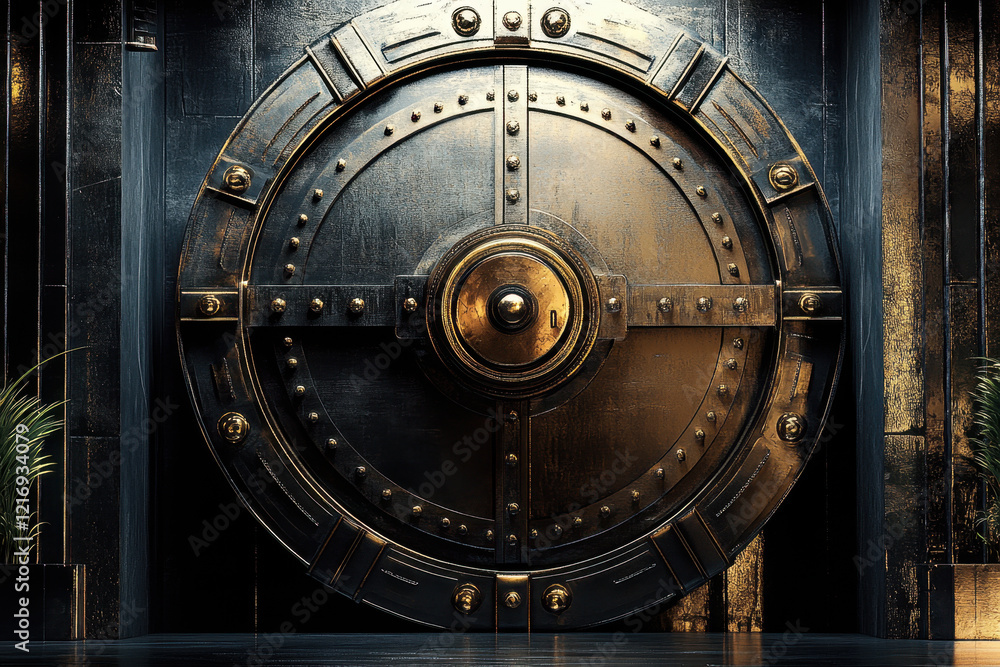 Naklejka premium An old bank vault that's closed looking at the vault door directly ahead