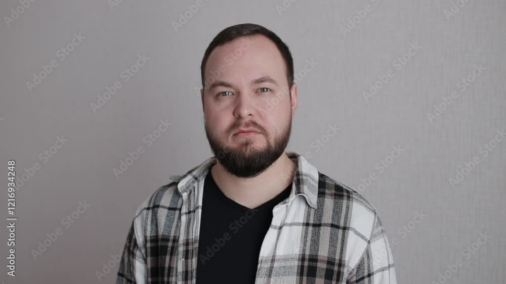 Confident bearded man with serious, contemplative expression maintaining looking at camera Confident bearded man with serious, contemplative expression maintaining looking at camera