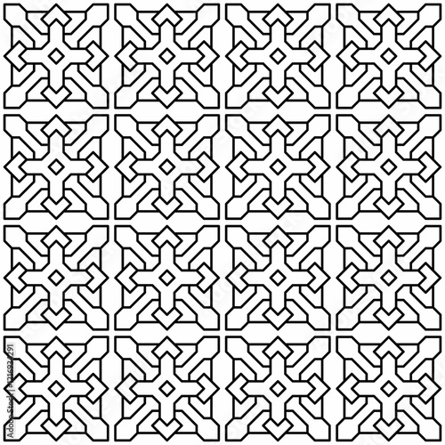 Symmetrical black line art creates a seamless geometric pattern on a white background. Ideal for coloring books, artistic designs, or backgrounds.