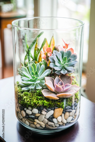Colorful succulent terrarium in a glass container on display