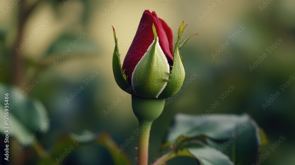 Fototapeta premium A single red rose is growing in a lush green garden