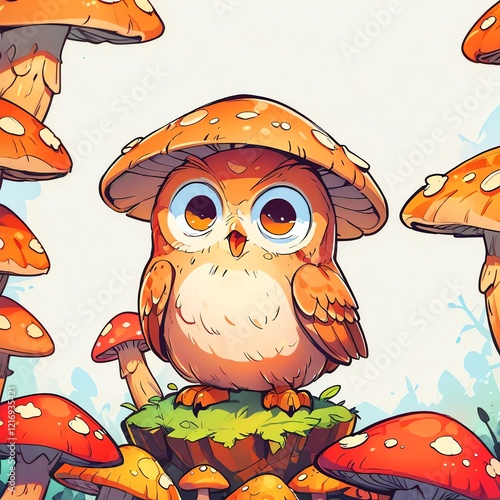 Adorable Owl Under a Mushroom in a Whimsical Forest photo