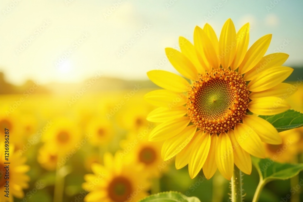 A Vibrant Sunflower in a Golden Field at Sunset, Basking in the Warmth of the Evening Light A Vibrant Sunflower in a Golden Field at Sunset, Basking in the Warmth of the Evening Light