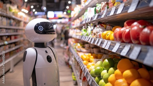 A robot stands in a grocery store aisle, observing various colorful fruits displayed on shelves, capturing the blend of technology and everyday shopping.