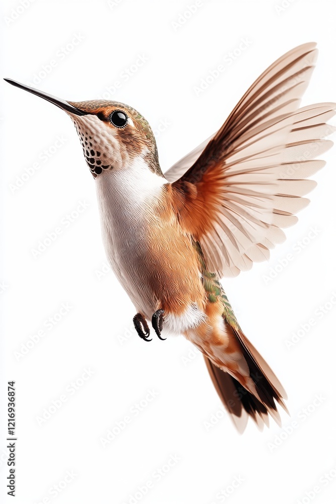 Obraz premium A vibrant hummingbird captured mid-flight on a white background, showcasing intricate details of its colorful feathers.