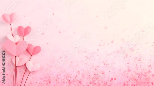 Elegant floating heart decorations with a watercolor-inspired background with copy space, ideal for Valentine's Day messages, wedding stationery, and festive romantic compositions. Selective focus