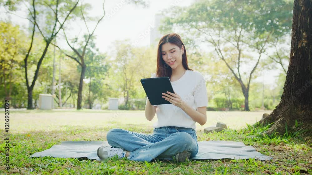 Asian Woman Working outdoors in the park. Professional on a Video Call, exploring Hybrid Work Opportunities in a Peaceful, Virtual Meeting and Online Learning. Hybrid work lifestyle concept by tablet Asian Woman Working outdoors in the park. Professional on a Video Call, exploring Hybrid Work Opportunities in a Peaceful, Virtual Meeting and Online Learning. Hybrid work lifestyle concept by tablet