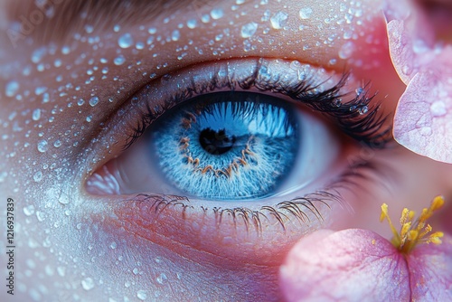 A close-up shot of an eye with water droplets covering the surface photo