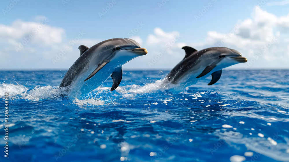 Fototapeta premium Dolphins jumping gracefully in clear blue ocean waters under bright sky