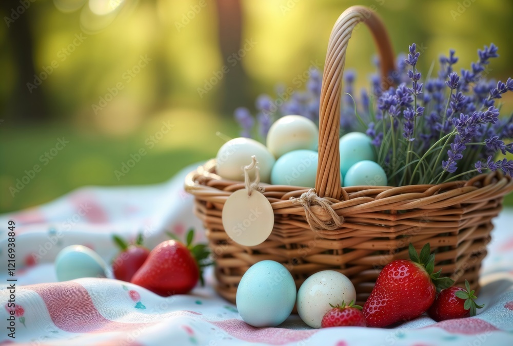Easter picnic basket. Wicker basket filled with colorful Easter eggs, lavender, and fresh strawberries on a picnic blanket in a sunny park.