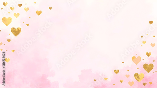 Dreamy pastel pink gradient with floating gold hearts, ideal for Valentine's Day cards, anniversary designs, and stylish digital templates. Selective focus