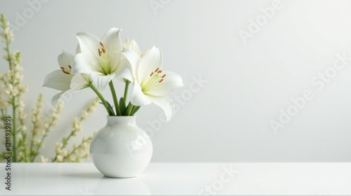 Wallpaper Mural Pure white lilies in a simple ceramic vase, a serene and elegant floral arrangement on a minimalist white surface, conveying peace and tranquility Torontodigital.ca