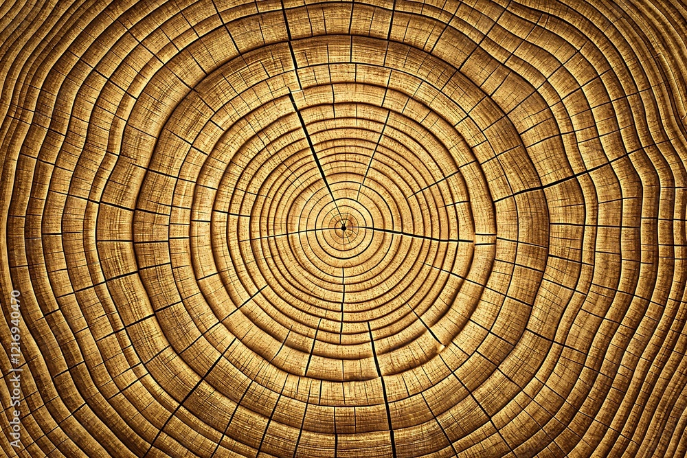 Naklejka premium The macro texture of the cut wooden log reveals the tree's age through its concentric annual rings