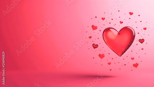 Glossy red heart floating against a soft pink background with tiny scattered hearts, perfect for Valentine's Day designs, romantic greeting cards, and love-themed advertisements. Selective focus