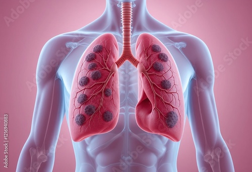 Illustration of human lungs with dark masses, representing lung cancer tumors and highlighted blood vessels against a light pink background. photo