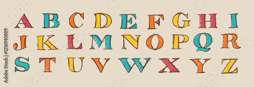 Pop Art Uppercase Serif Font Alphabet Crayon Chalk Style Drawing