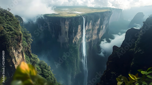 Hidden deep within Amazon Rainforest of Venezuela lie mysterious Mount Roraima massive flattopped mountain surrounded sheer cliff cascading waterfall unique tabletop summit surreal landscape ancient photo