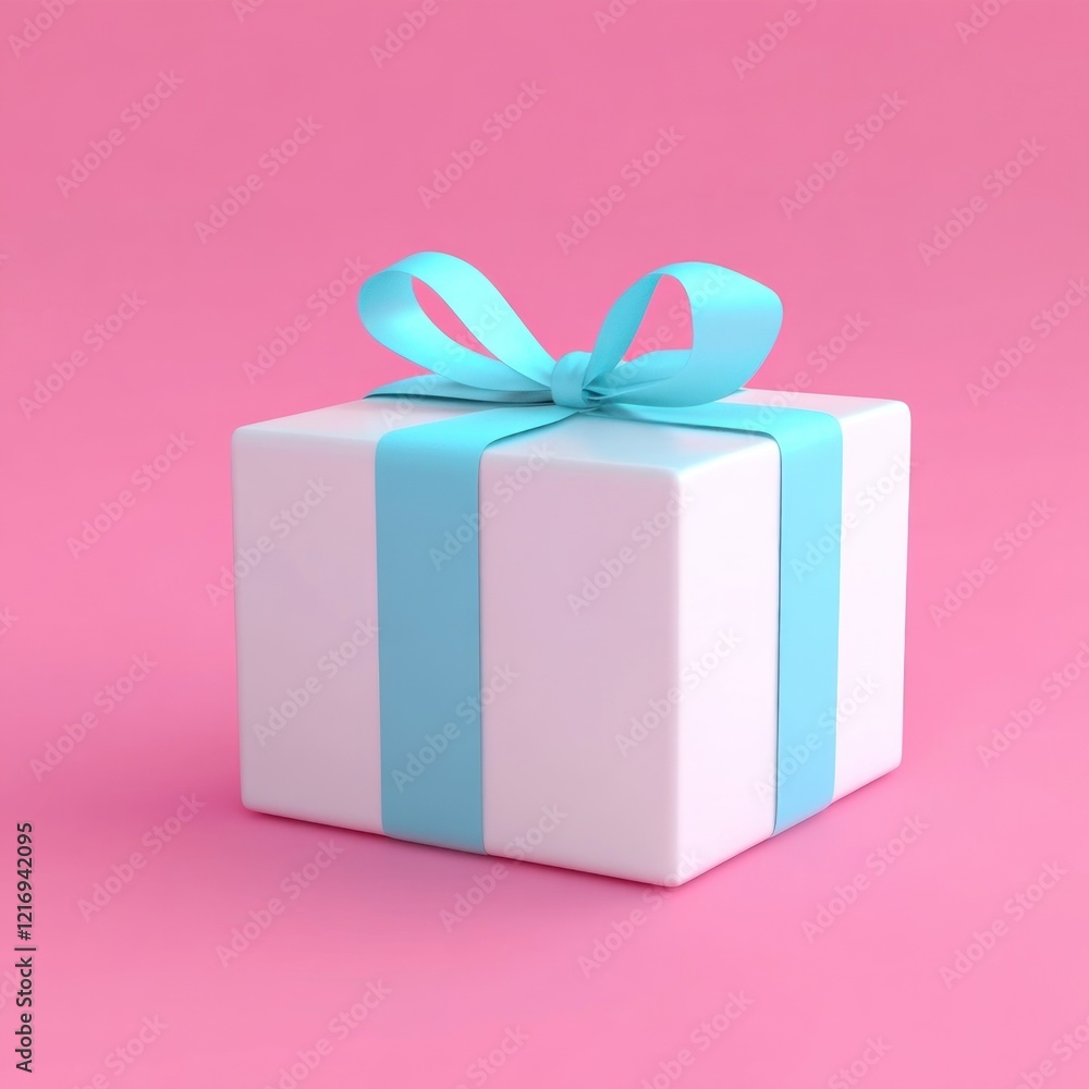 Obraz premium White gift box with blue ribbon on pink background