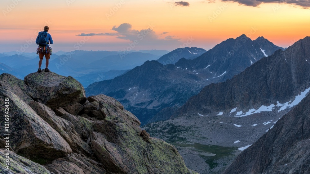 A hiker stands on a rocky ledge, overlooking a stunning mountain landscape at sunset. A hiker stands on a rocky ledge, overlooking a stunning mountain landscape at sunset.