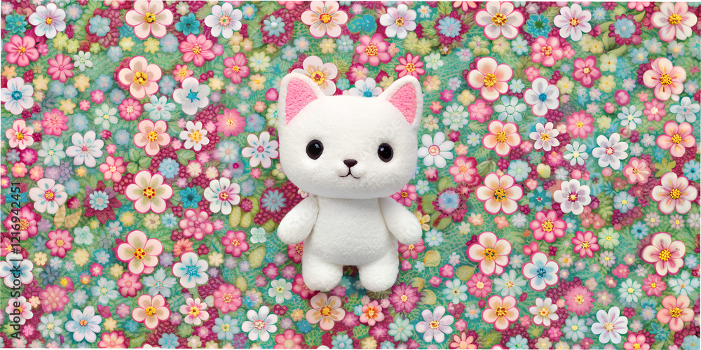 Obraz premium Cute little cat plush surrounded by vibrant floral textile wallpaper in a cheerful setting