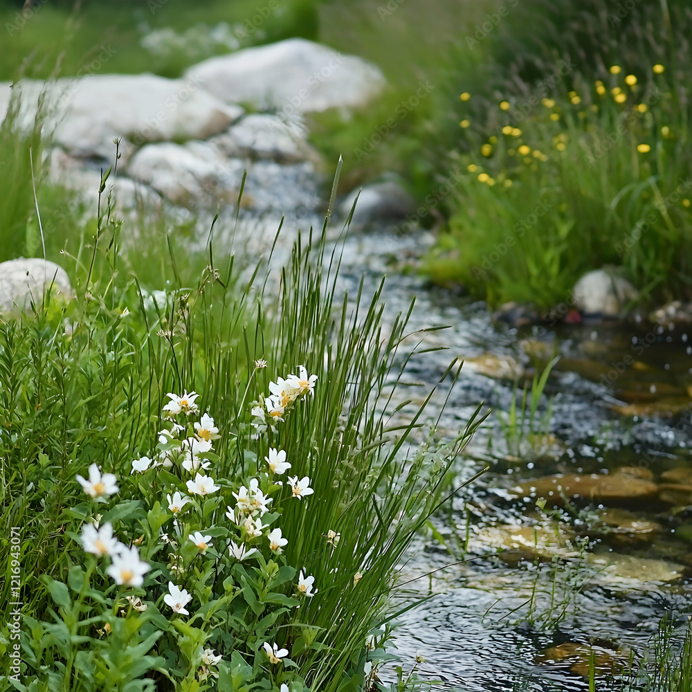 Obraz premium Lush grass and flowers growing near a serene stream