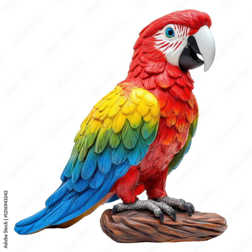 Fototapeta premium Colorful parrot figurine perched on a wooden base