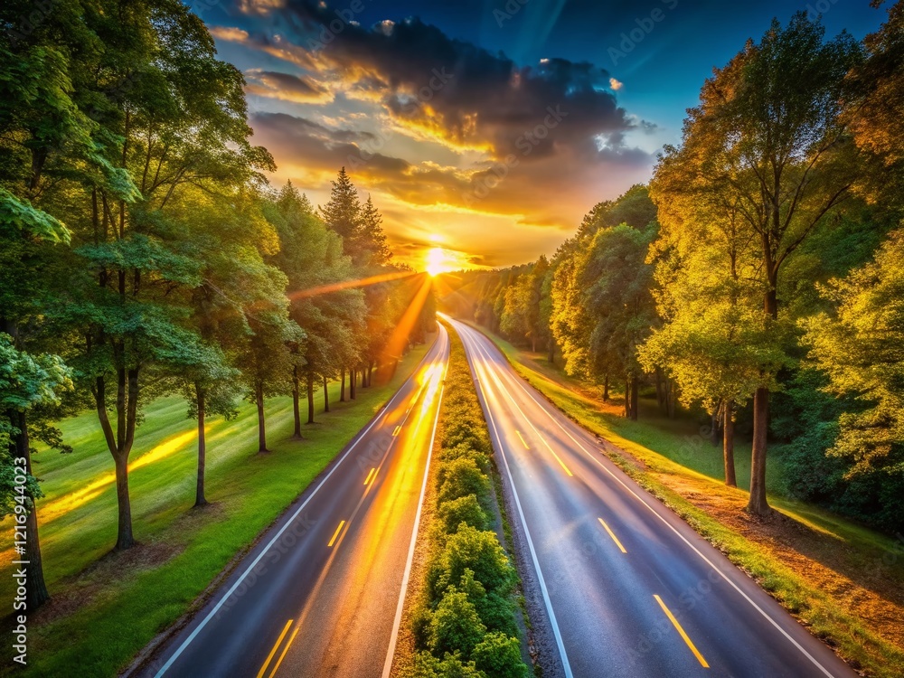 Fototapeta premium Golden Sunset Long Exposure, Paved Road, Lush Green Trees - Stock Photo