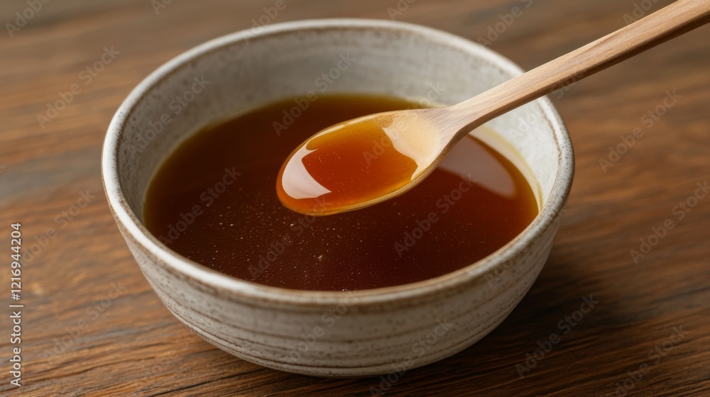 Close-up of a wooden spoon dipping into a bowl of rich, dark syrup on a rustic wooden table Close-up of a wooden spoon dipping into a bowl of rich, dark syrup on a rustic wooden table
