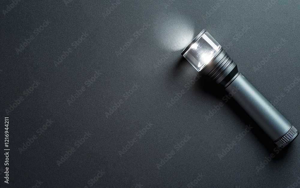 Fototapeta premium Calm gray-colored flashlight with a black and white background, top view, flat lay, close-up, copy space concept, stock photo. 2/3 space for text. 
